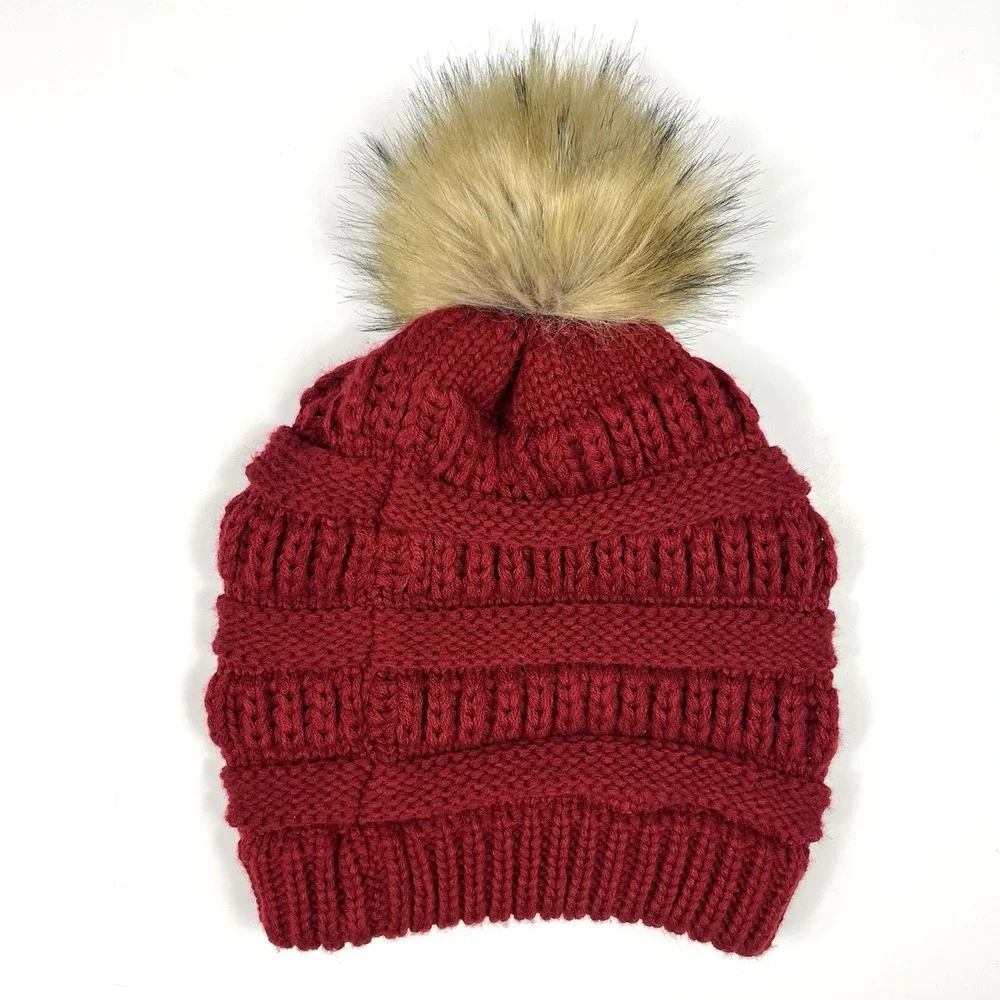 FURTALK Womens Winter Knitted Beanie Hat Faux Fur Pom Red Chunky‎ Ski Snowbunny